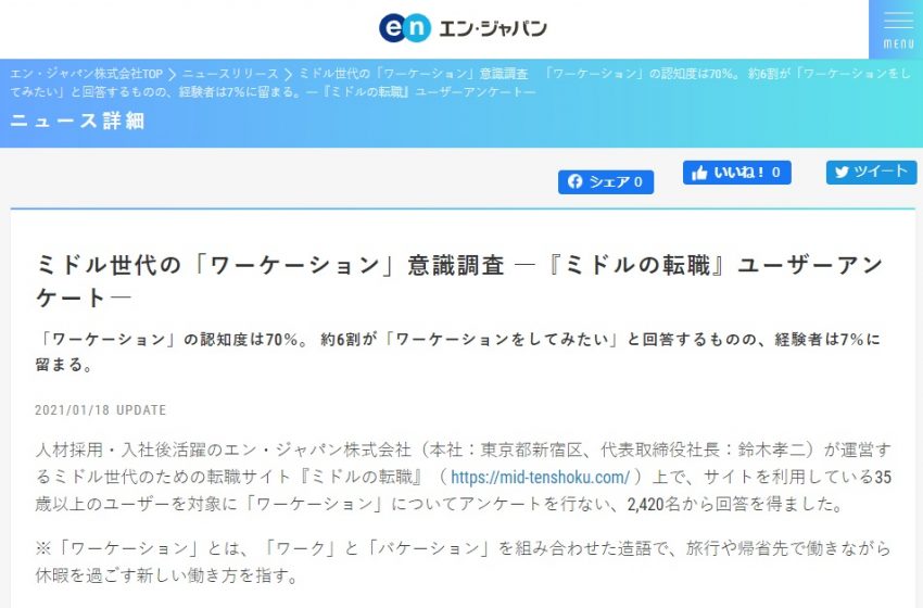  ミドル世代のワーケーション意識調査、認知度70％、やってみたいが6割、経験者は7%